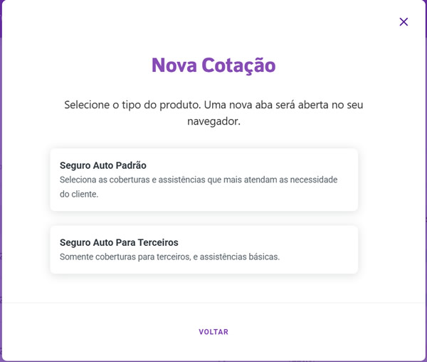 Escolha do tipo de cotação